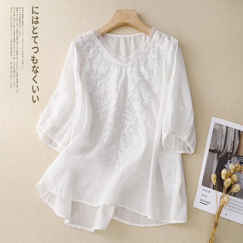 Real shot 2024 summer new cotton and linen embroidered literary and retro top T-shirt women