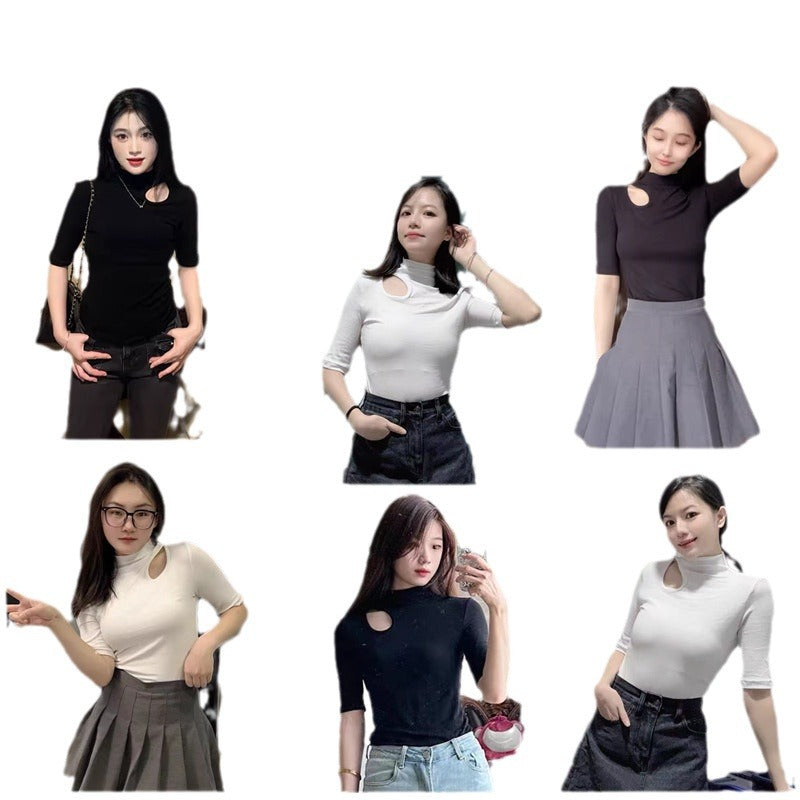 White threaded medium-sleeved t-shirt semi-turtleneck bottoming shirt women's spring, autumn and winter 2025 new five-quarter-sleeved hollow top