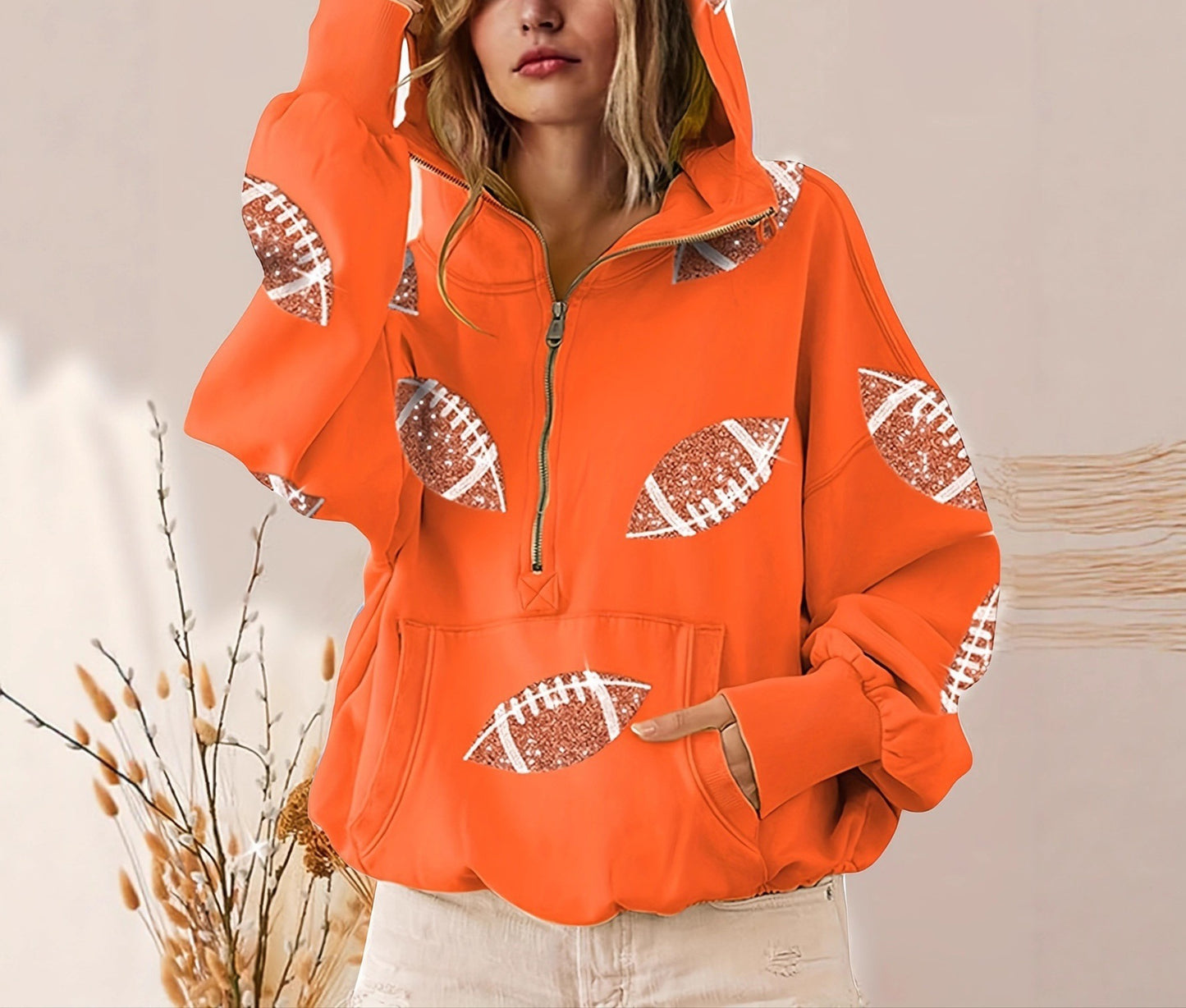 2025 Amazon Independent Station sequined splicing hooded sweater European and American women's clothing zipper drawstring long-sleeved top spot