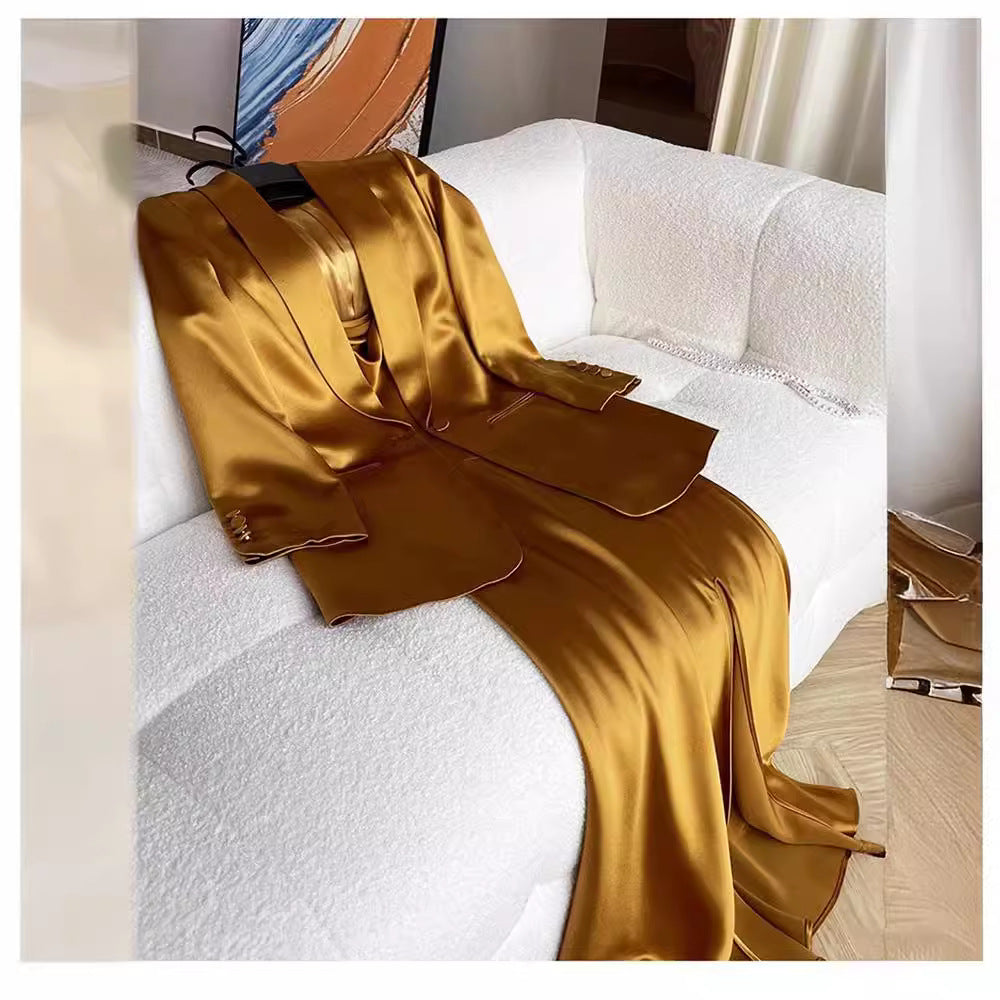 Haute couture gilt Japanese imported acetic acid satin suit celebrity temperament capable temperament powerful swing collar