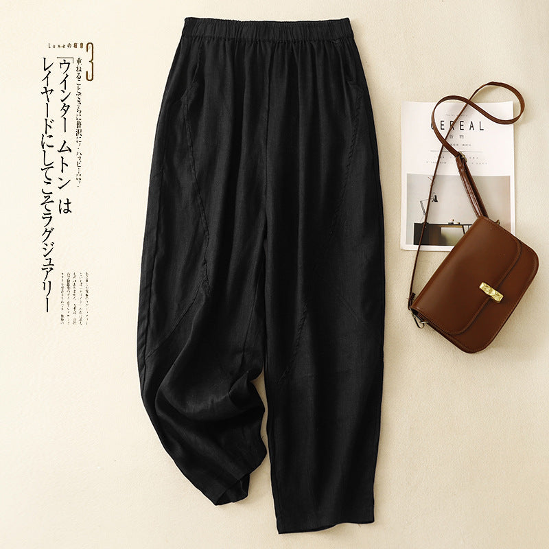 Real shot 2025 summer new cotton and linen large size elastic waist solid color loose and thin nine-point Harlan pants women