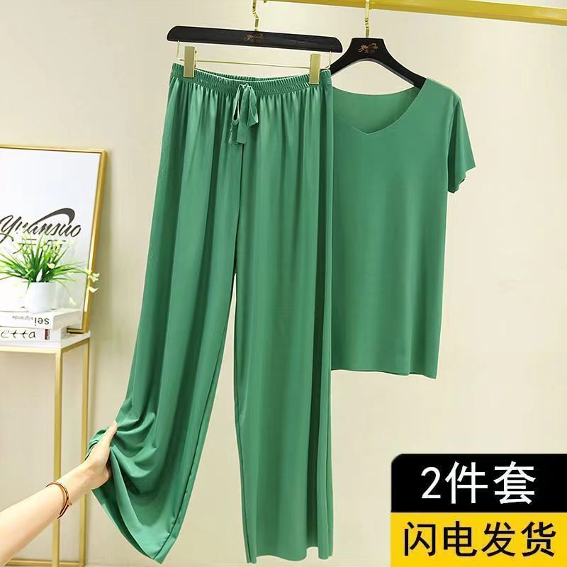 Amazon spring and summer two-piece suit can be worn outside V-neck short-sleeved T-shirt thin solid color loungewear loose wide-leg pants