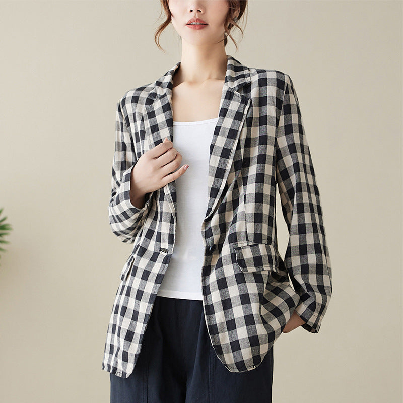 Real shot 2025 autumn literary and retro cotton and linen plaid jacket women's thin casual suit short top