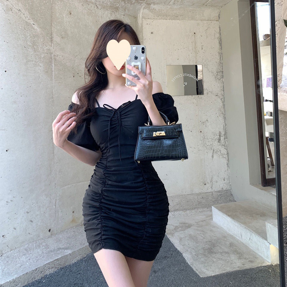 Summer 2025 new Korean version temperament French light ripe wind bubble sleeves pleated drawstring slim and thin dress women