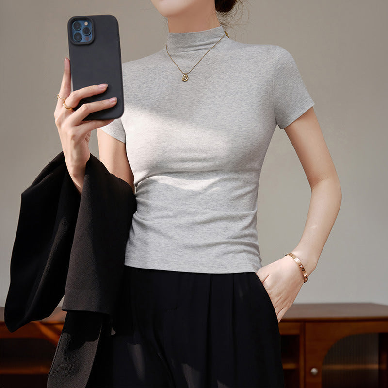 Semi-high-necked short-sleeved T-shirt women's Korean version of daily wear gray top threaded slimming hot girl spring and summer base shirt