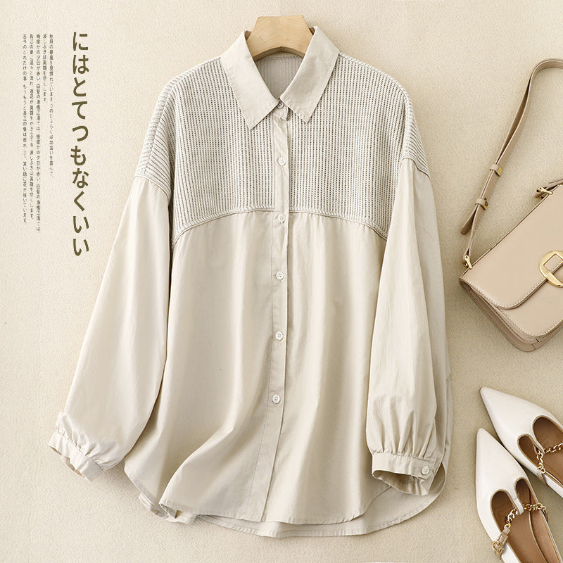 Real shot 2025 autumn new loose solid color lapel corduroy splicing long-sleeved shirt jacket shirt women's top