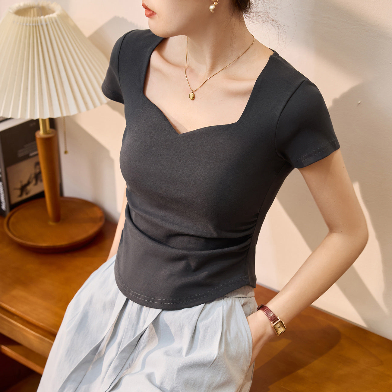 #Combed pure cotton #peach heart square neck short-sleeved T-shirt women's 2026 summer new pleated slim-fitting front shoulder top bottoming shirt