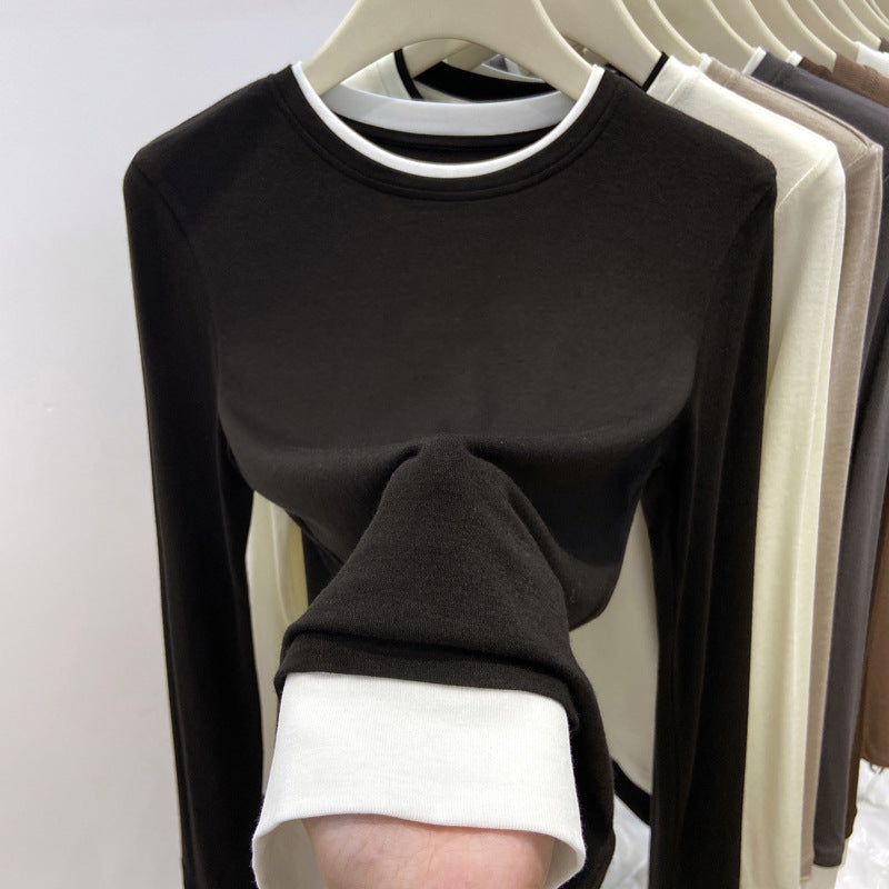 ins high elastic fake two long-sleeved t-shirt bottoming shirt women's autumn and winter new stacked wear contrasting color front shoulder top T-shirt