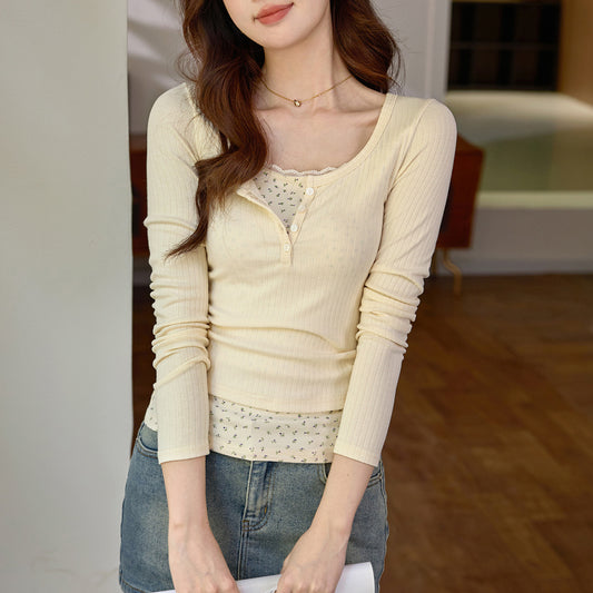 #Excellent selection #Fake two-piece splicing floral lace edge long-sleeved T-shirt women's design sense foreign style retro top