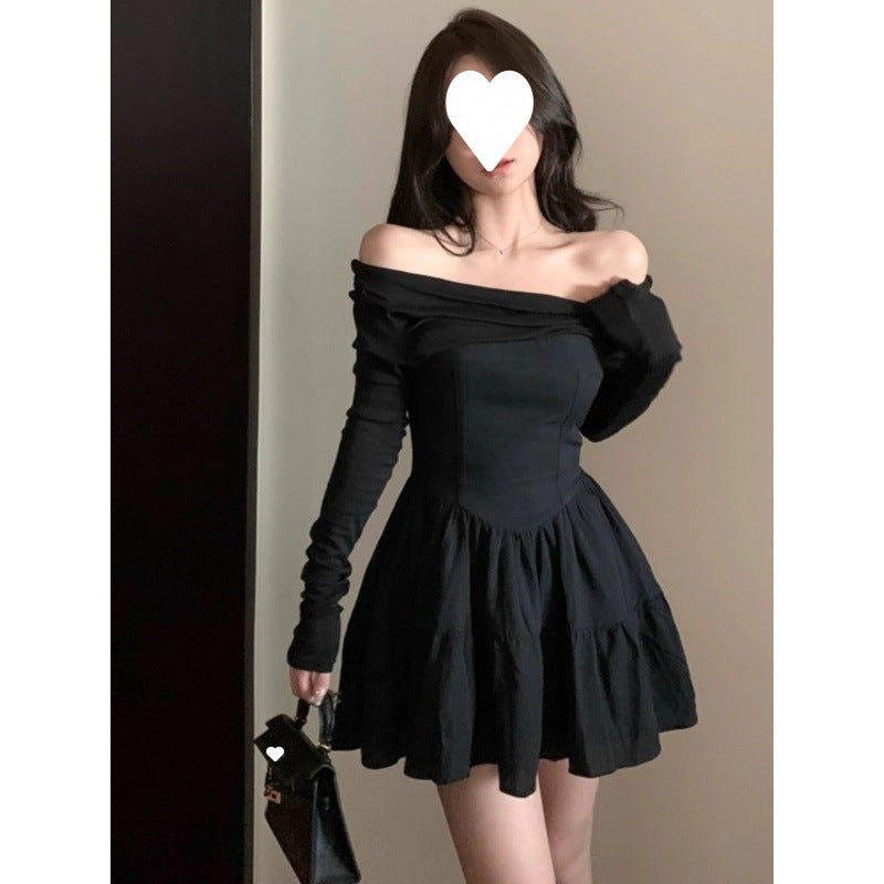 Pure desire Spice Girl one-word shoulder long-sleeved dress women's autumn high-end temperament tutu skirt waist small short skirt