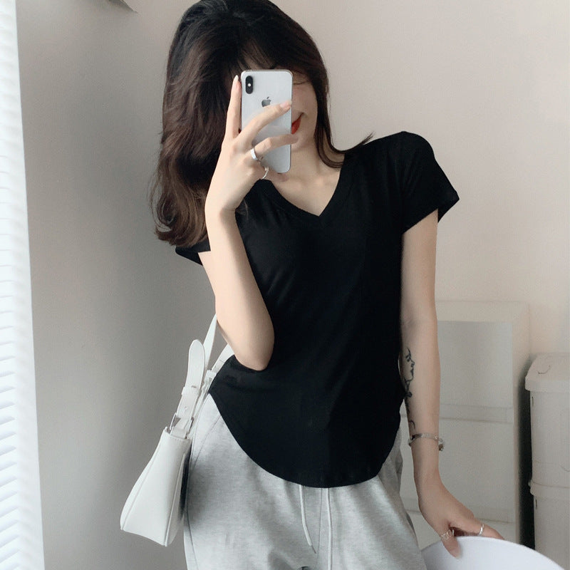 High-quality Modal short-sleeved T-shirt women's 2026 summer new V-neck loose and thin versatile fashion irregular top