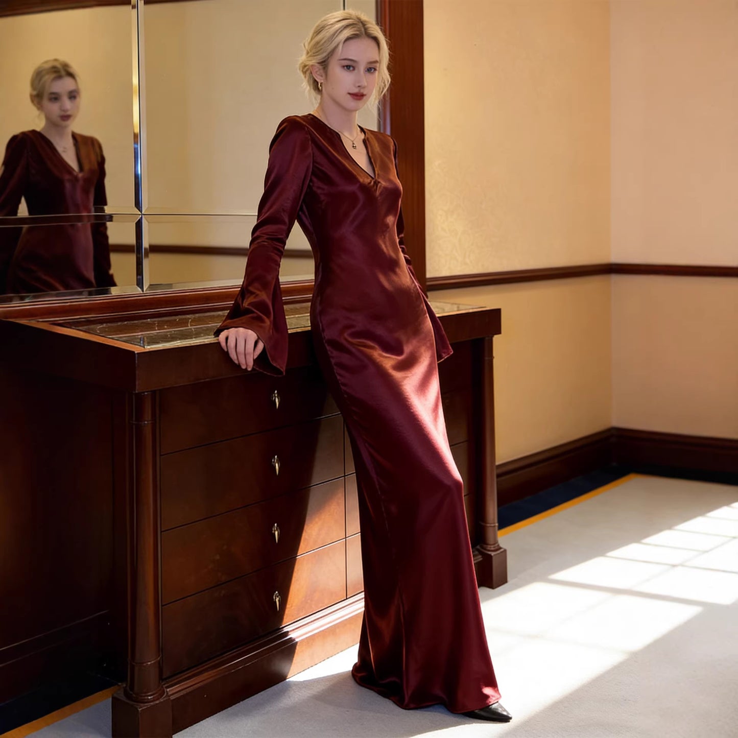 Haute couture imported full acetic acid spring gilt shining design feeling thousand gold feeling V neck thin sister dress dress