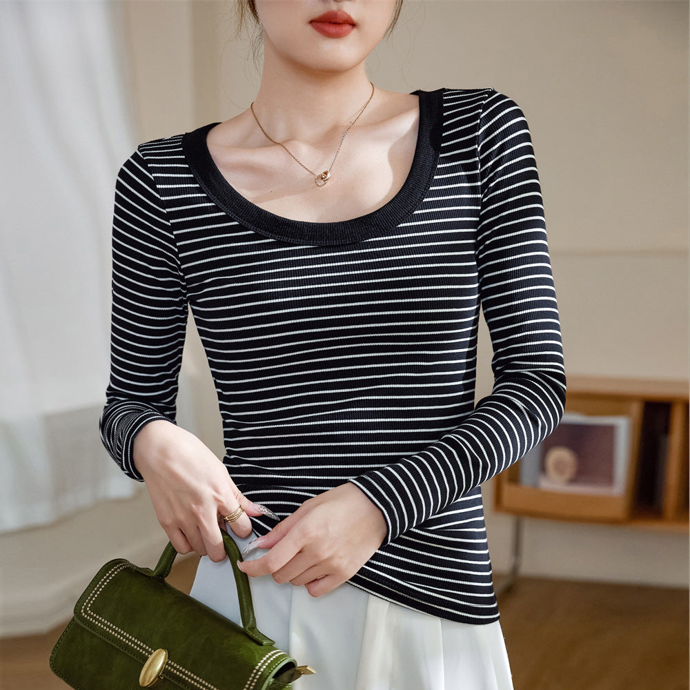 Selection of pure cotton striped T-shirt women's long-sleeved 2026 autumn and winter new round neck front shoulder top slim-fitting and thin bottoming shirt