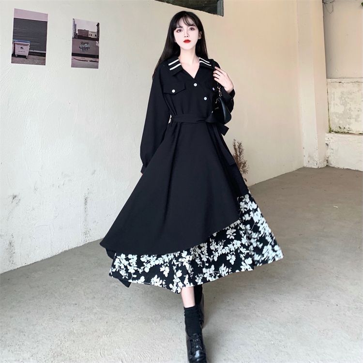 French retro design knee-length skirt autumn and winter large size waist splicing floral pendulum irregular dress