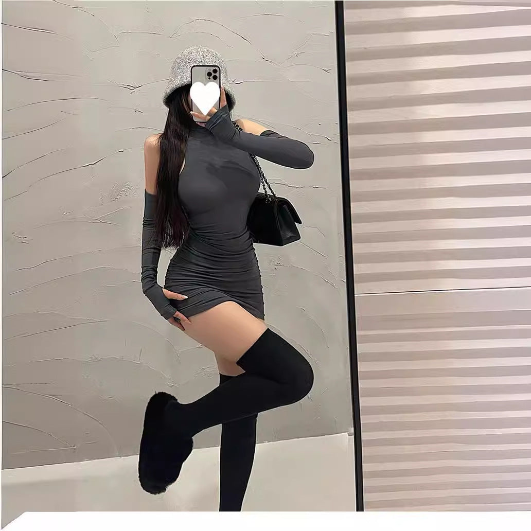 Spring sexy turtleneck 2026 new dress Spice girl sweet and tight pure desire wind neck hip skirt children