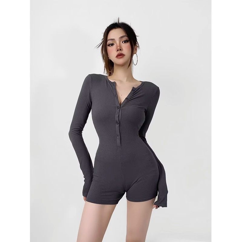 American slim-fit onesie long-sleeved inner tight-fitting waist Spice Girl Yoga onesie shorts button-up jumpsuit top
