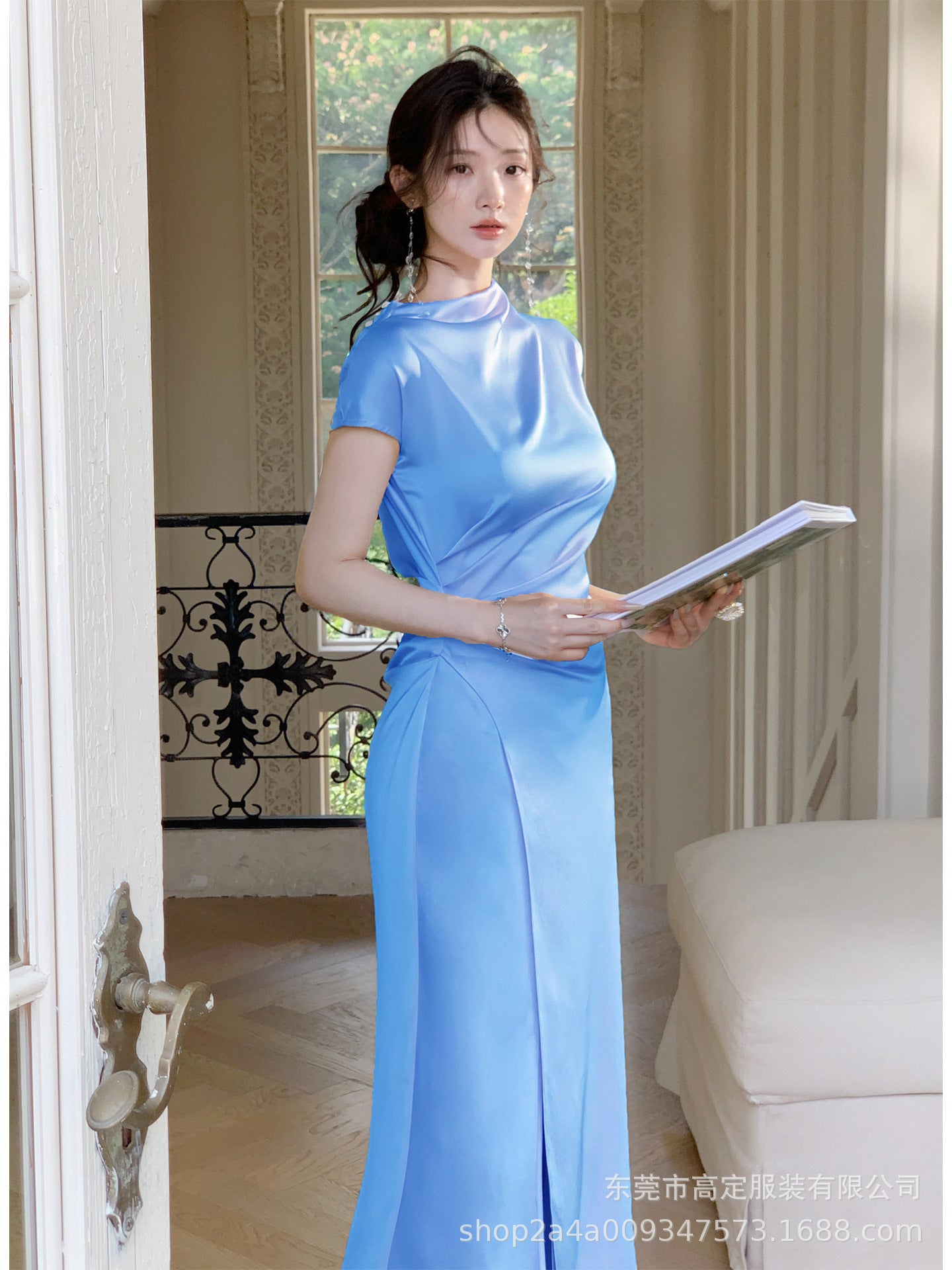 Haute couture imported acetic acid pure desire wind semi-turtleneck satin dress temperament thin split fork fish tail long dress French