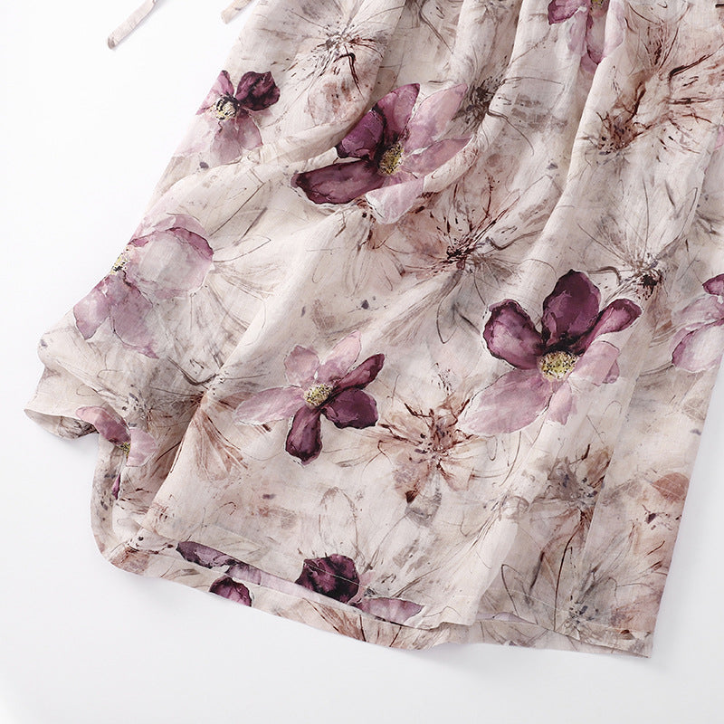 Real shot 2025 summer new literary loose printing round neck five-quarter sleeve dress women's waist medium and long 9020