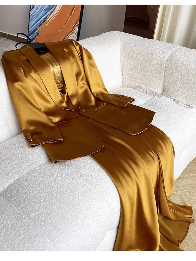 Haute couture gilt Japanese imported acetic acid satin suit celebrity temperament capable temperament powerful swing collar