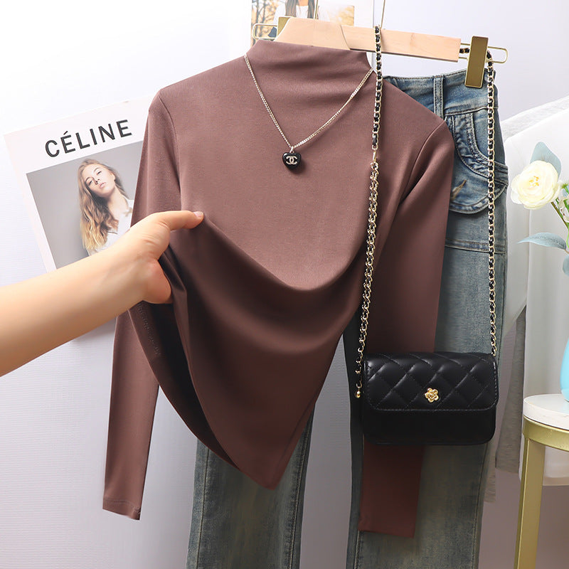 White threaded small collar long-sleeved bottoming shirt for women's autumn and winter 2025 new inner velvet thickened thermal top