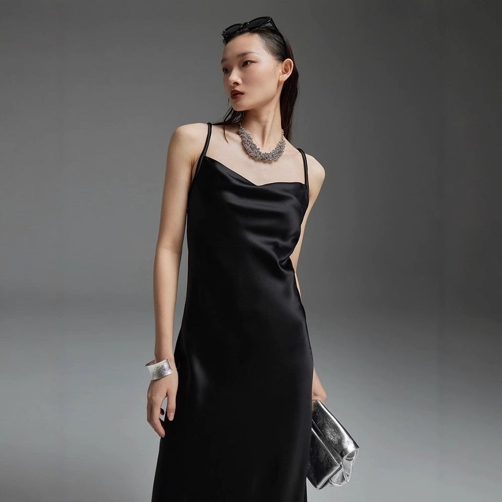Heavy diagonal cut long tall triacetic acid satin long dress swing neck split fork long suspender dress women's autumn