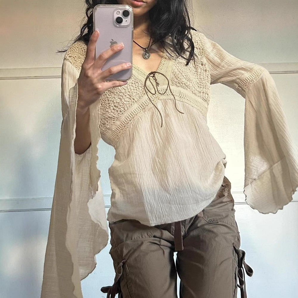 Love Cloth Forget Ancient Wasteland Ethnic Style Checkered V-Neck Lace-Up Horn Long Sleeve Top Celebrity Versatile Knitted Sweater