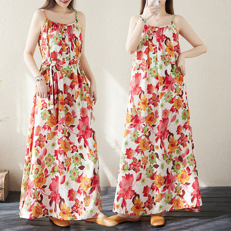 2024 summer new cotton and linen large size bohemian seaside vacation travel beach dress suspender dress women