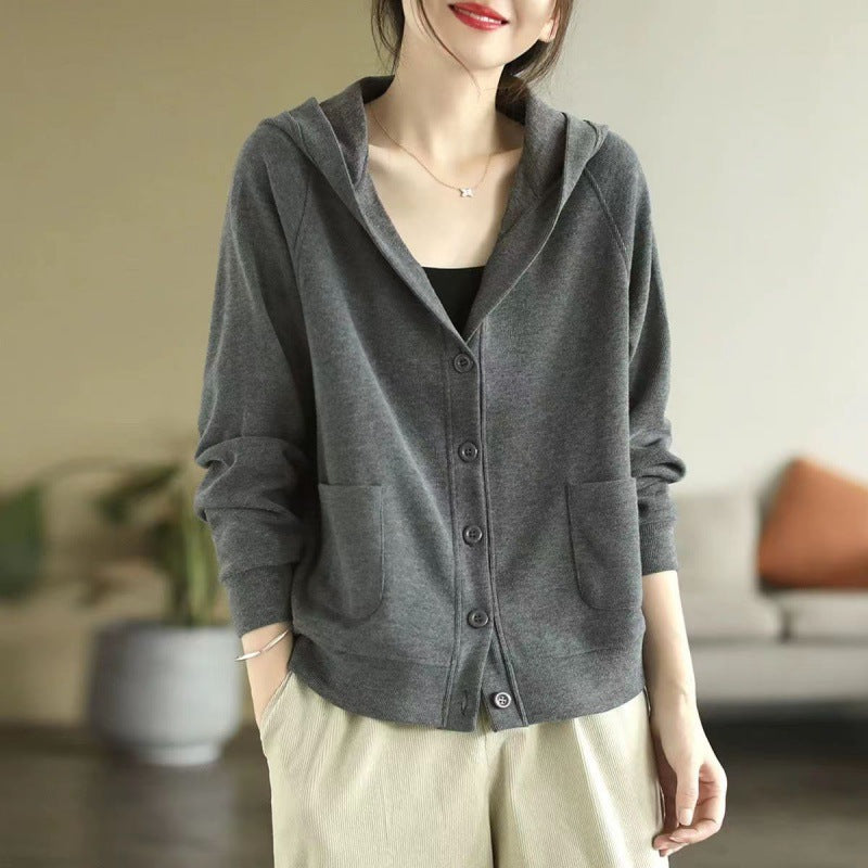 2025 autumn new simple commuter solid color long-sleeved top hooded jacket women