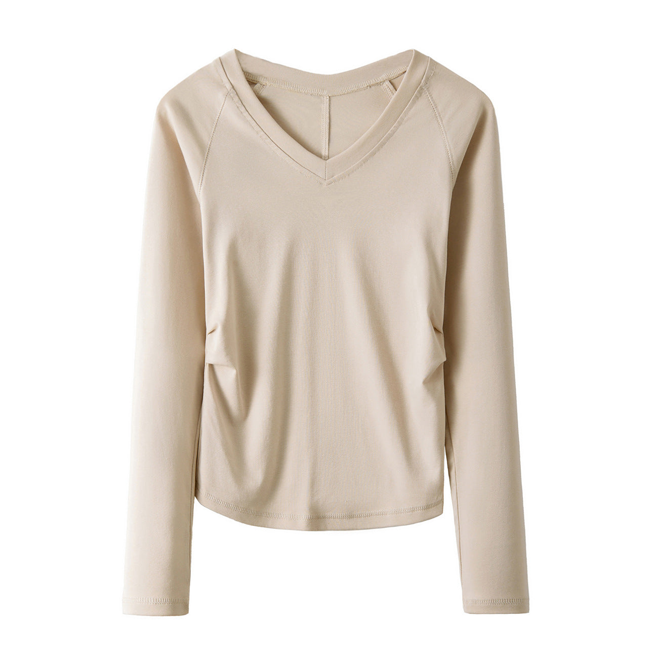 #Combed pure cotton #Bright line design sense shoulder sleeves V-neck T-shirt women's long sleeves wrinkled waist thin early autumn top