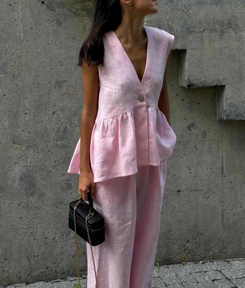 2025 cotton V-neck sleeveless top vest trousers set women's European and American new solid color temperament commuter two-piece set