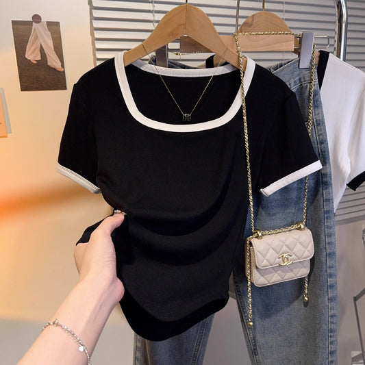 Threaded Versatile Shoulder Square Neck Arc Pendulum Short Sleeve T-Shirt Women's Summer Contrast Color Skinny Bottom Shirt Short Top