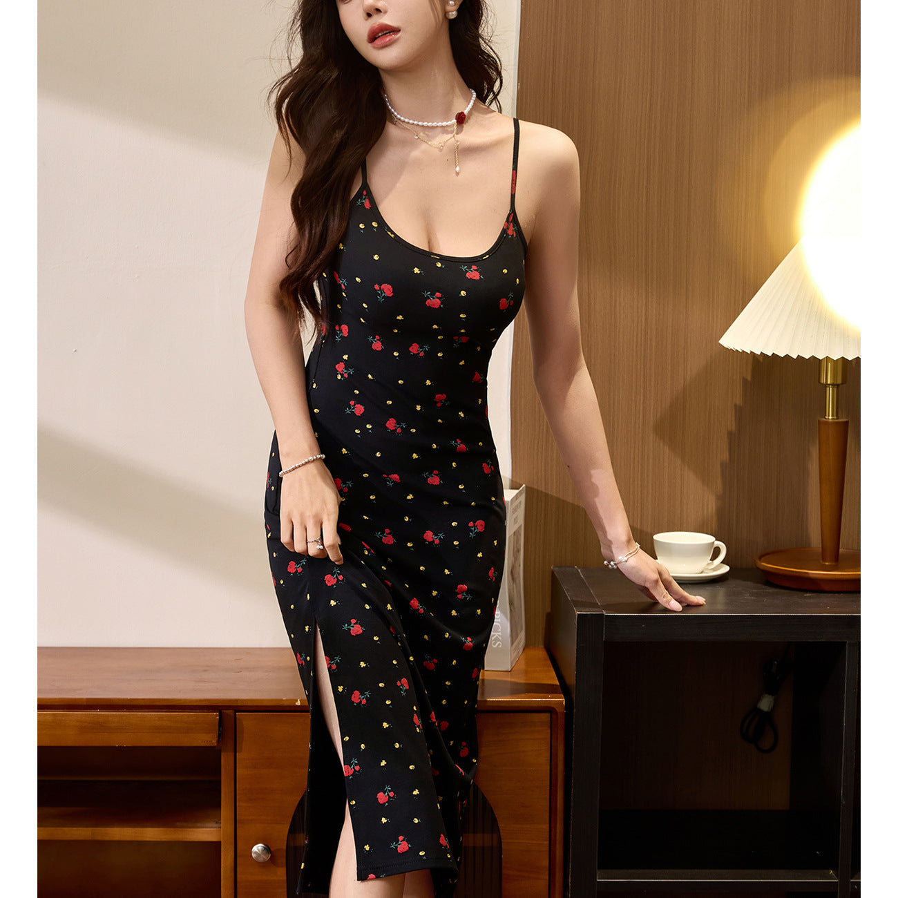 #260G combed pure cotton #rose print U-neck suspender dress women's summer 2026 new slit sexy long dress