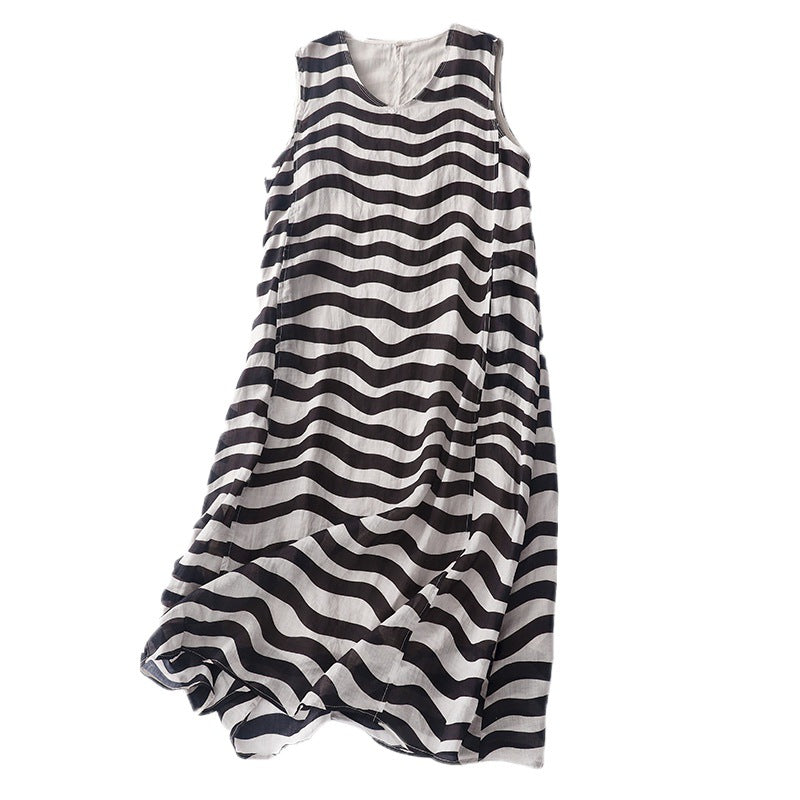New cotton and linen dark grid 2023 striped single-layer printing light and cool V-neck sleeveless dress women