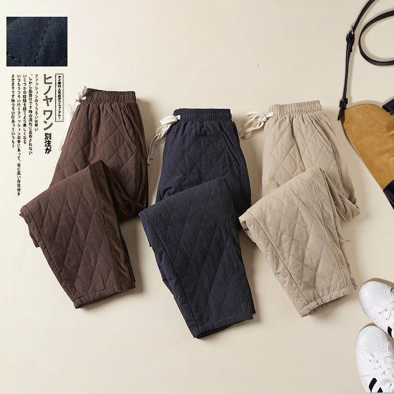 Real shot 2025 winter new retro rhombus padded cotton elastic waist warm Harlan pants casual thickened cotton pants women