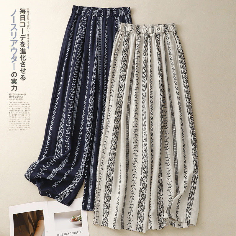In the summer of 2025, the new printed cotton and linen literary loose and drape casual wide-leg pants for women