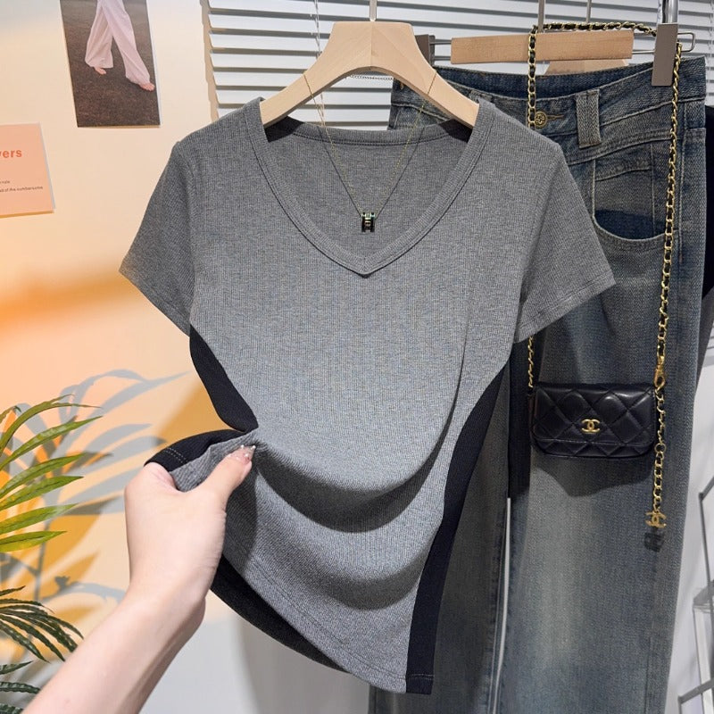 European color matching V-neck short-sleeved T-shirt women's summer new ice silk bottoming shirt with fashionable high-end trend top