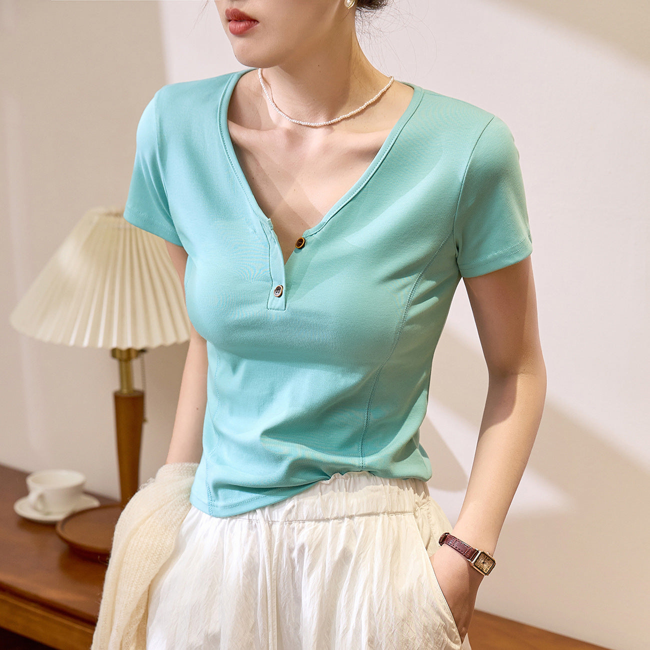 #Combed pure cotton #Premium design sense V-neck short-sleeved T-shirt women's summer 2026 new retro button-up front shoulder top