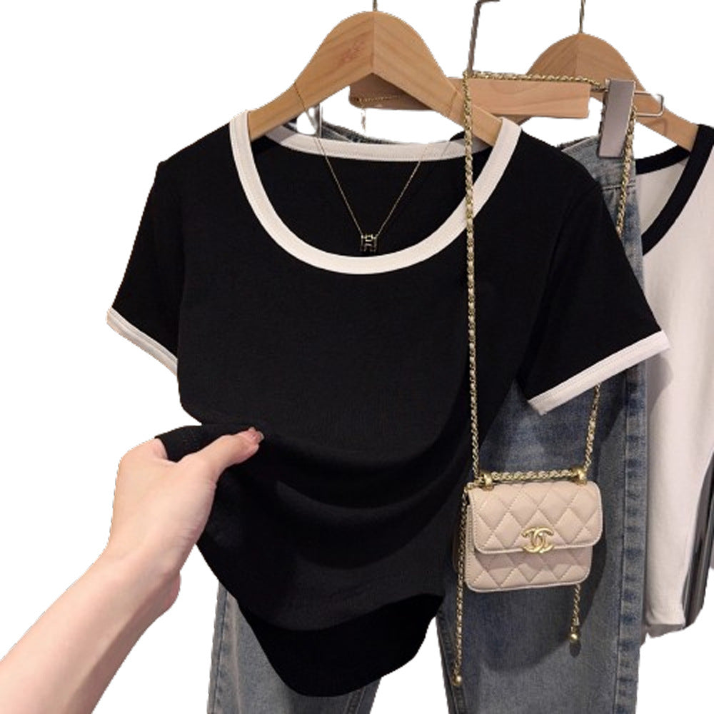 Contrasting colors, fashionable and foreign style u-neck bottoming shirt, slim-fitting and versatile summer unique top, short-sleeved T-shirt, women's new models in 2025