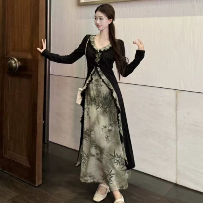 Large size new Chinese style fake two-piece dress women's clothing autumn pear-shaped body skirt fat MM thin A-shaped skirt