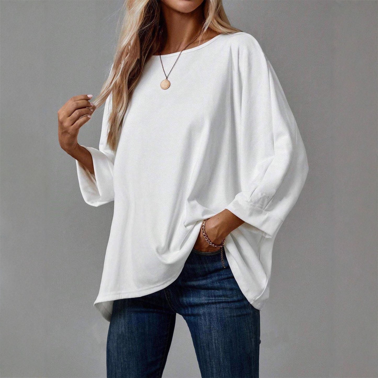 2025 new Amazon European and American cross-border women's clothing spring and summer round neck seven-quarter sleeve solid color casual loose T-shirt