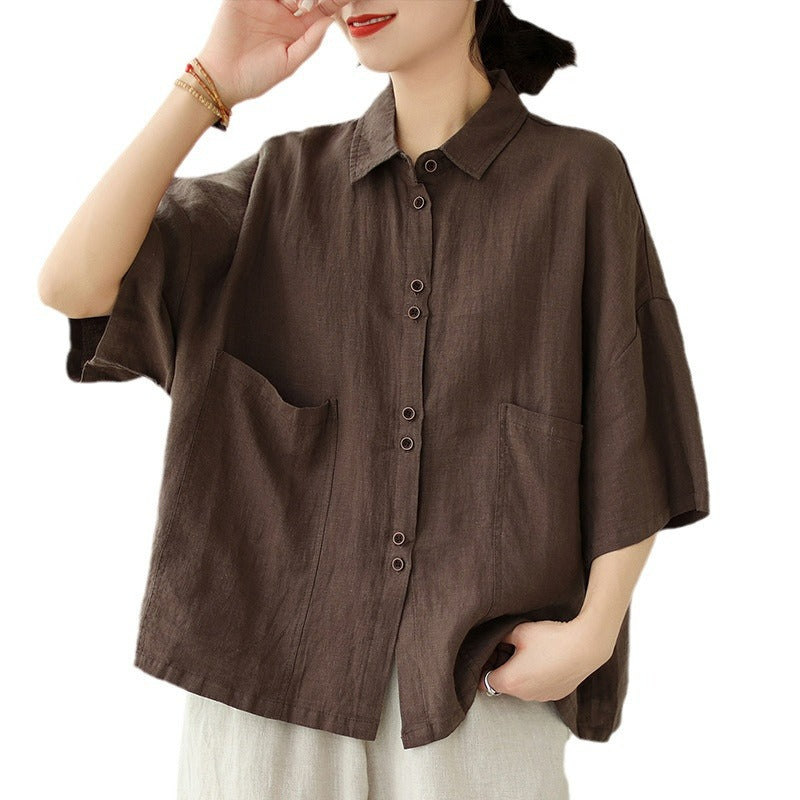 Real shot 2025 summer new literary loose solid color lapel short-sleeved shirt blouse top #702