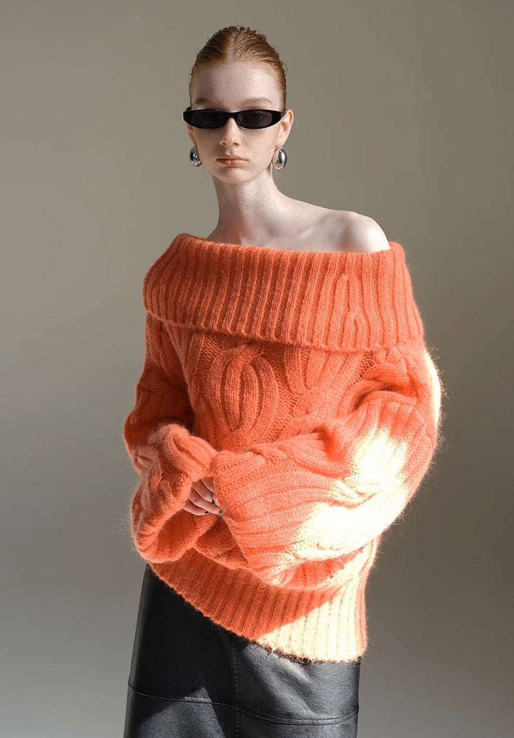 Mogas Heavy Cub Sea Wool Blended Lazy Lantern Sleeves One-Word Neck Twisted Pullover Sweater Women's Autumn and Winter