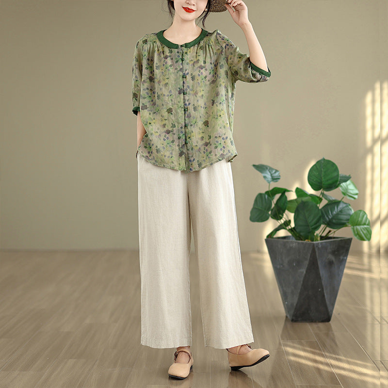 Real shot 2025 summer cotton and linen large size literary loose and thin shirt top + pants two-piece suit women