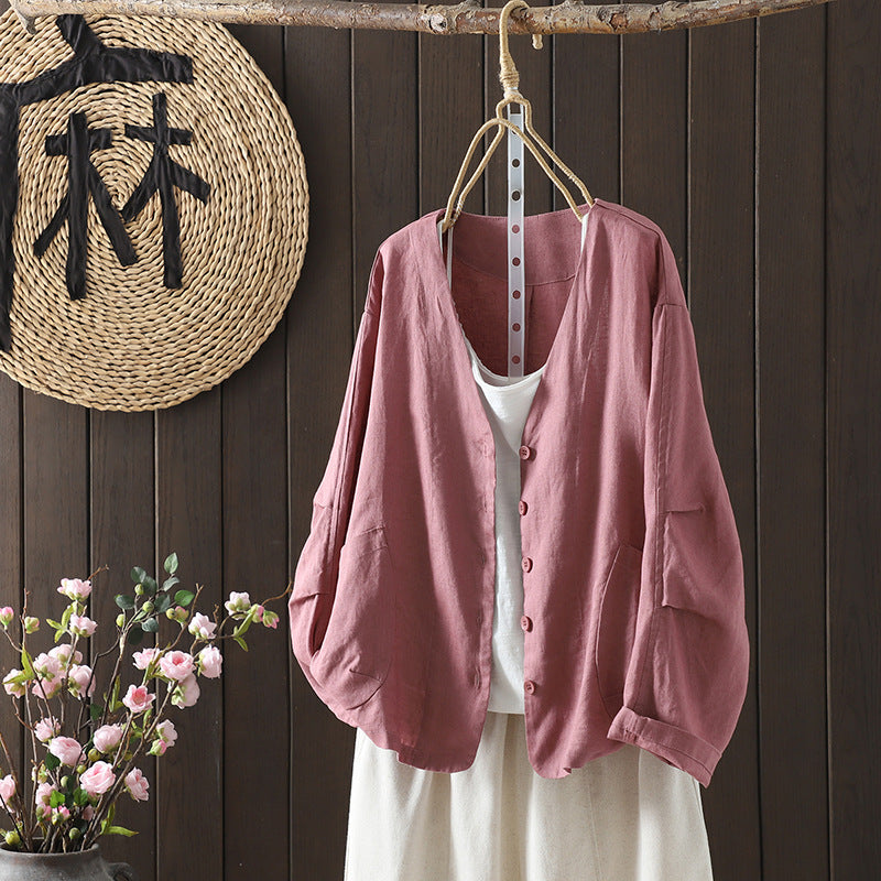 Real shot 2025 autumn new casual loose solid color V-neck long-sleeved shirt women's shirt top #9538