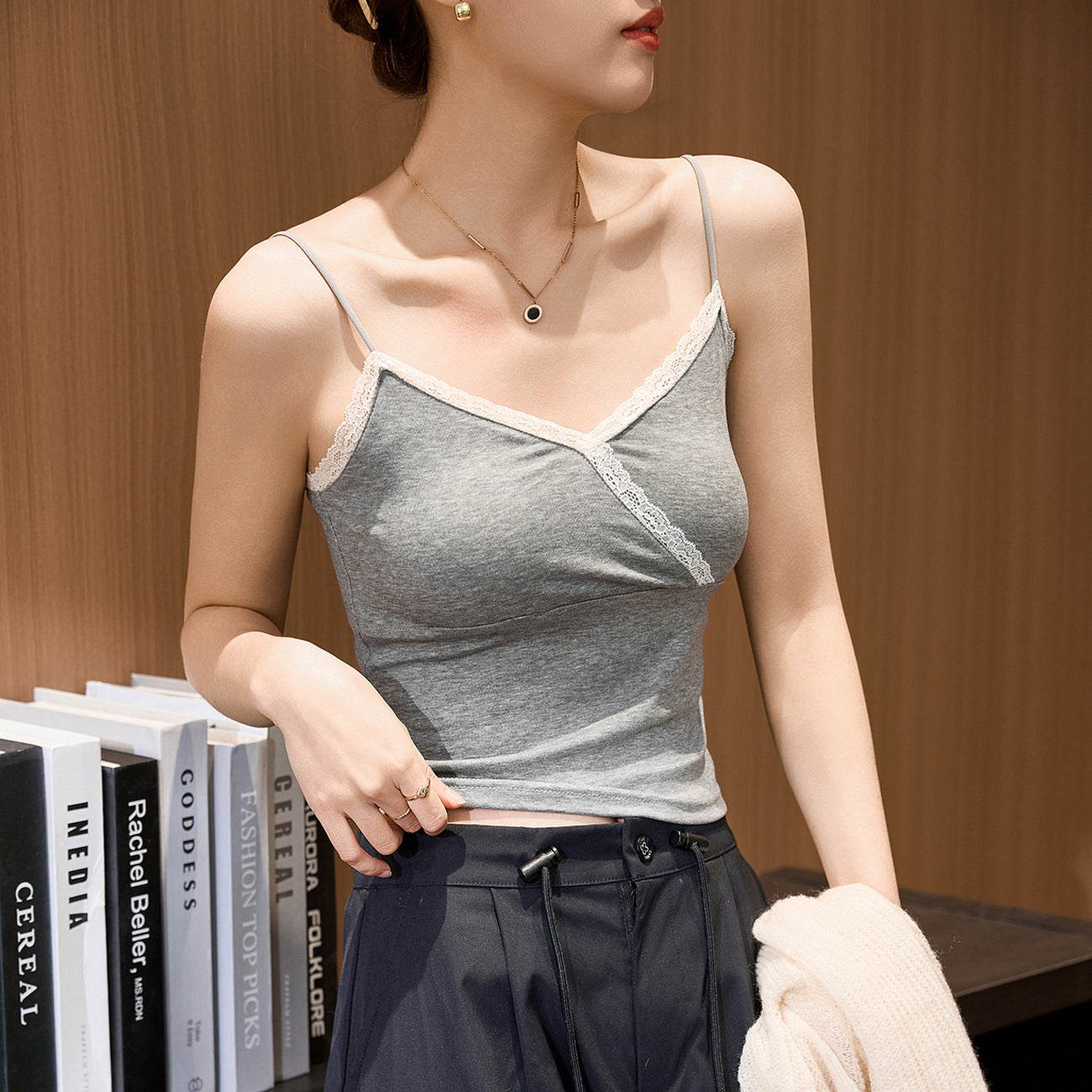 #Tencel lyocell cotton #lace lace V-neck sling vest women's summer short high waist sexy inside and outside wear