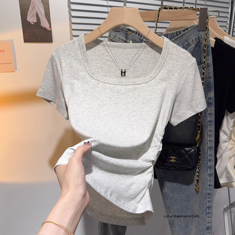 Gray square neck short-sleeved T-shirt women's summer 2025 new waist pleated small fragrant slim-fitting and thin shoulder top