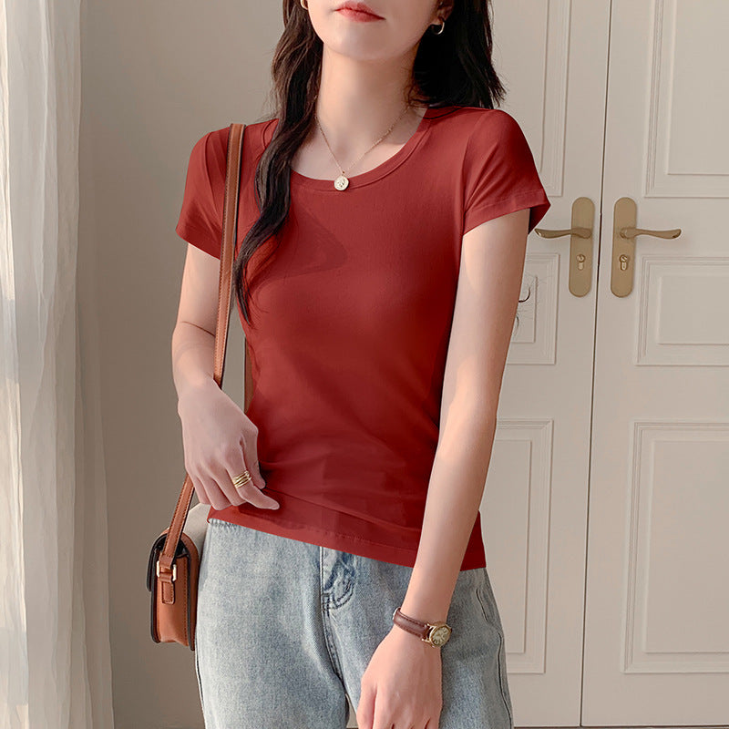 U-neck white versatile short-sleeved T-shirt women's American slim-fitting half-sleeved top low-necked bottoming shirt slim-fitting