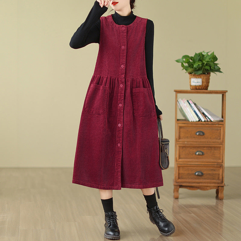 Real shot 2025 spring new literary loose solid color corduroy sleeveless dress women's vest skirt single piece 8386