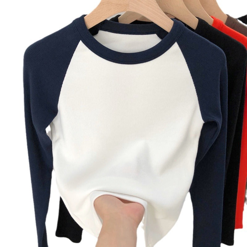 甄选优棉高弹螺纹2026秋冬装新款复古撞色插肩高腰长袖T恤女上衣