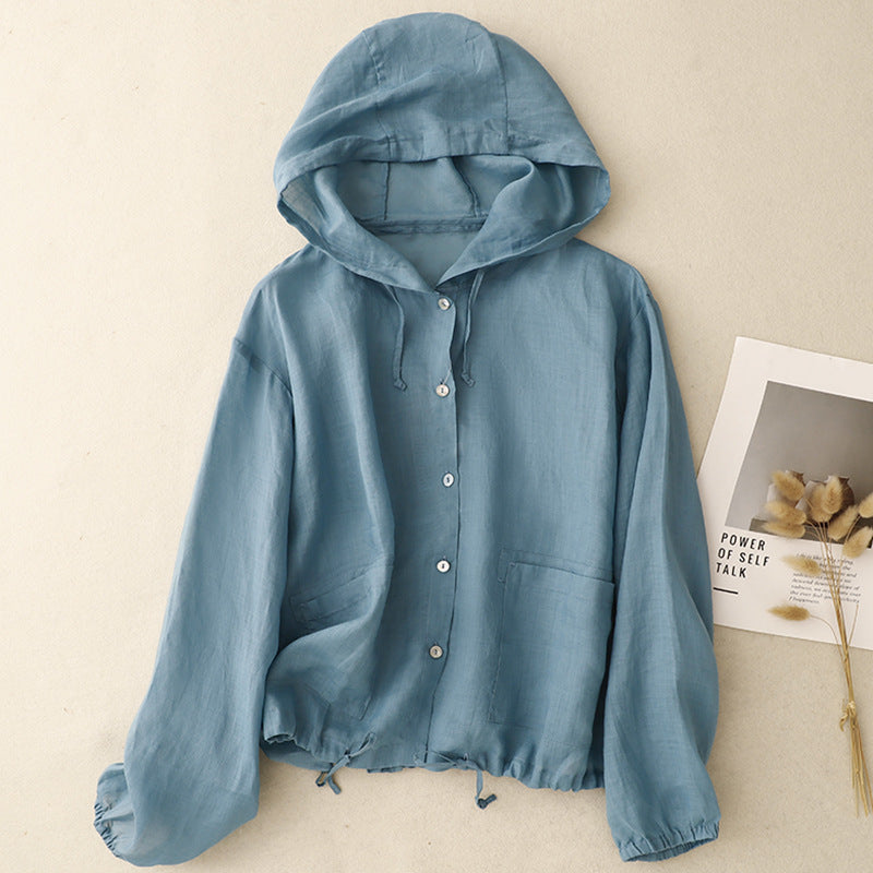 Real shot 2025 summer cotton and linen large size hooded loose long sleeve breathable sunscreen jacket air conditioner shirt women's clothing